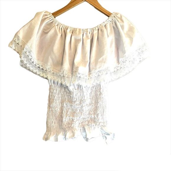 Mexican Boho Embroidered Floral off the Shoulder White Cropped Blouse - Picture 6 of 7